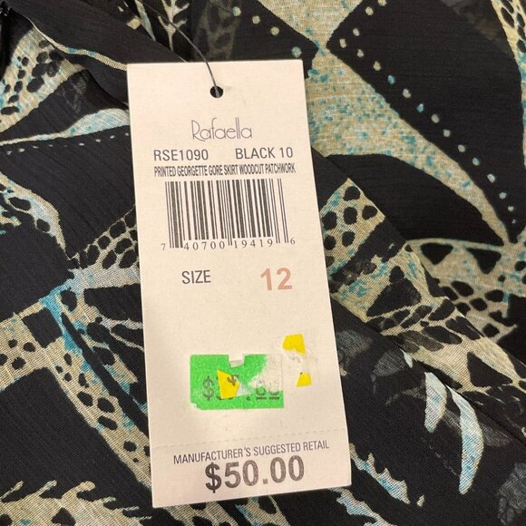 VTG Rafaella Printed Georgette Gore Midi Skirt Woodcut Patchwork Y2K Sz L NWT - Picture 9 of 9